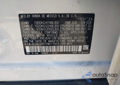 2024 Honda Hr-V Awd Sport/Awd Sport W/O Bsi z USA, uszkodzony, nr VIN 3CZRZ2H57RM777014